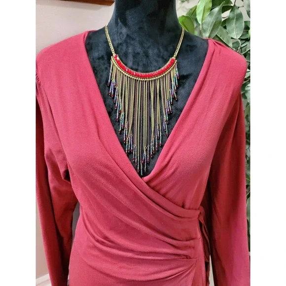 People Tree Women's Red Polyester V-Neck Long Sleeve Knee Length Dress Size 10 - Picture 2 of 12